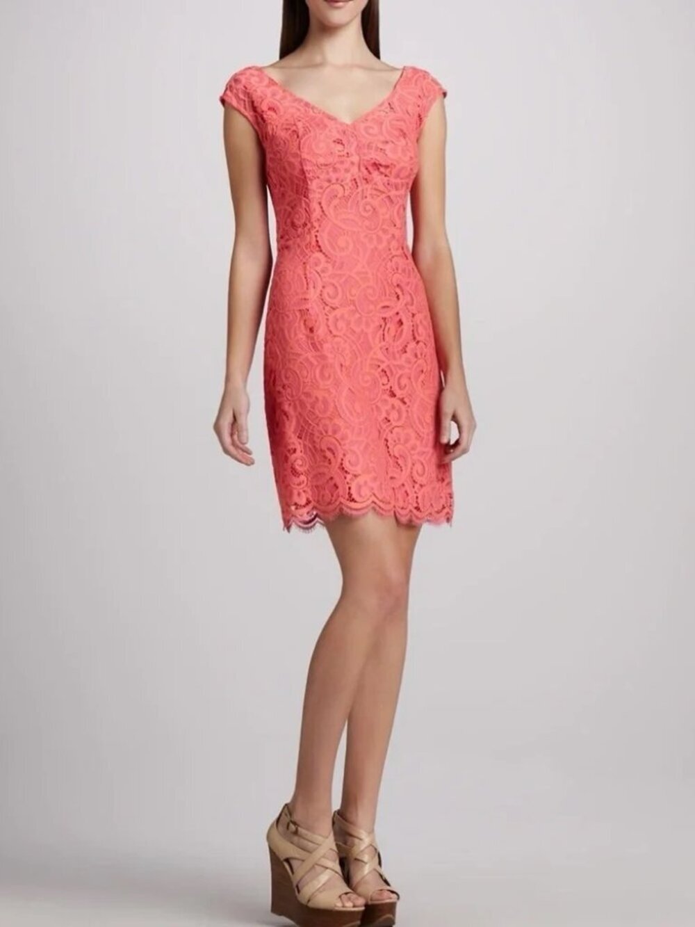 Lilly Pulitzer Rosaline Coral Pink Lace Sheath Dress Cap Sleeve Scalloped Hem - Picture 1 of 8